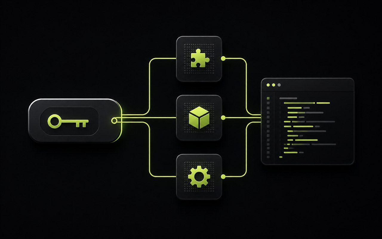 A secure API token connected to modular plugin blocks and a compact code panel.