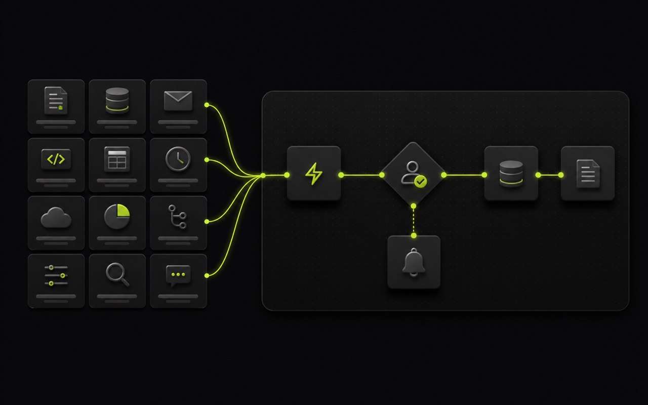 Community skill tiles feeding a trigger, approval and output workflow in Automation Studio.