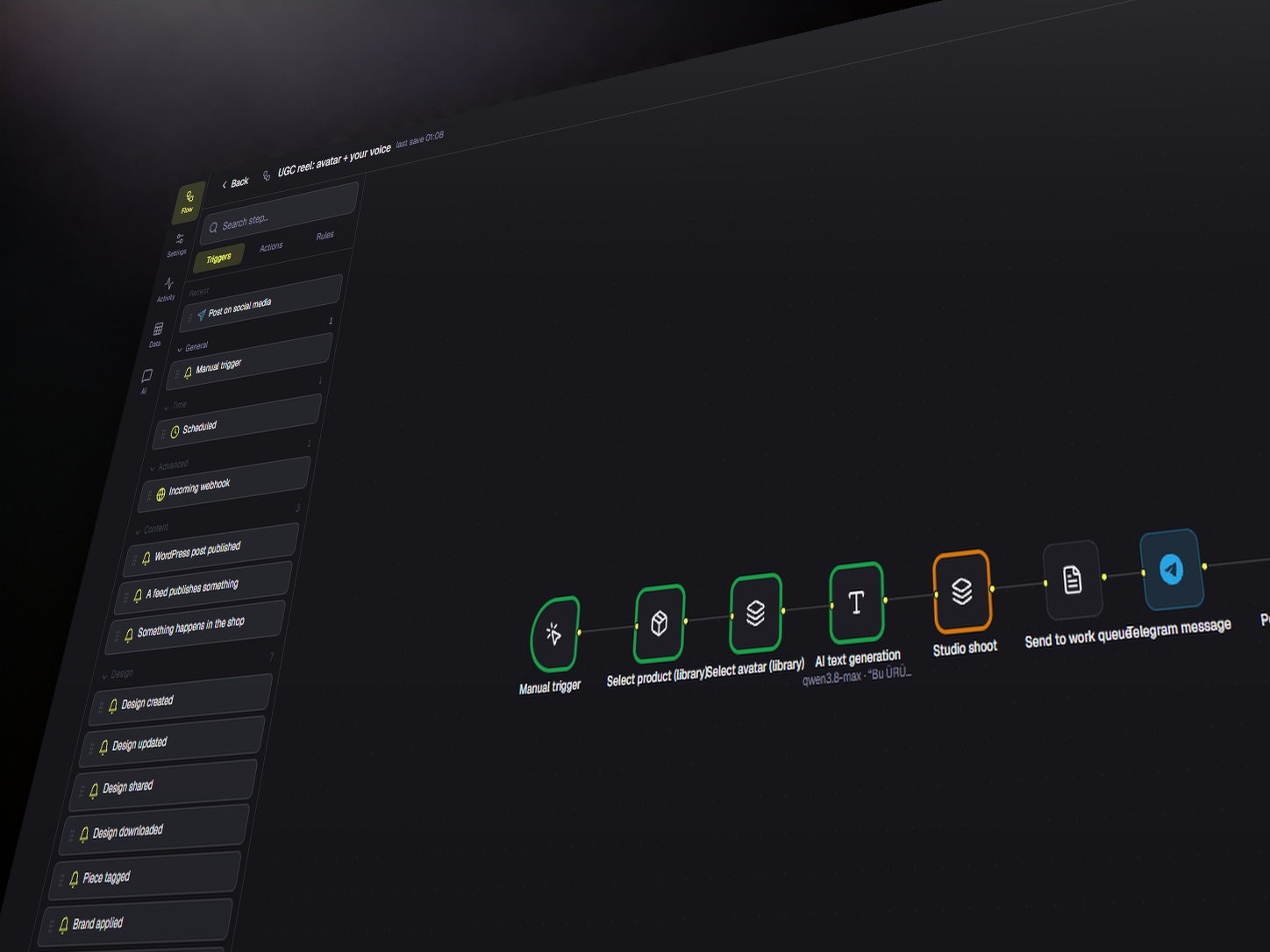 An automation run feed: scheduled posts, one waiting on approval, budget meter visible.