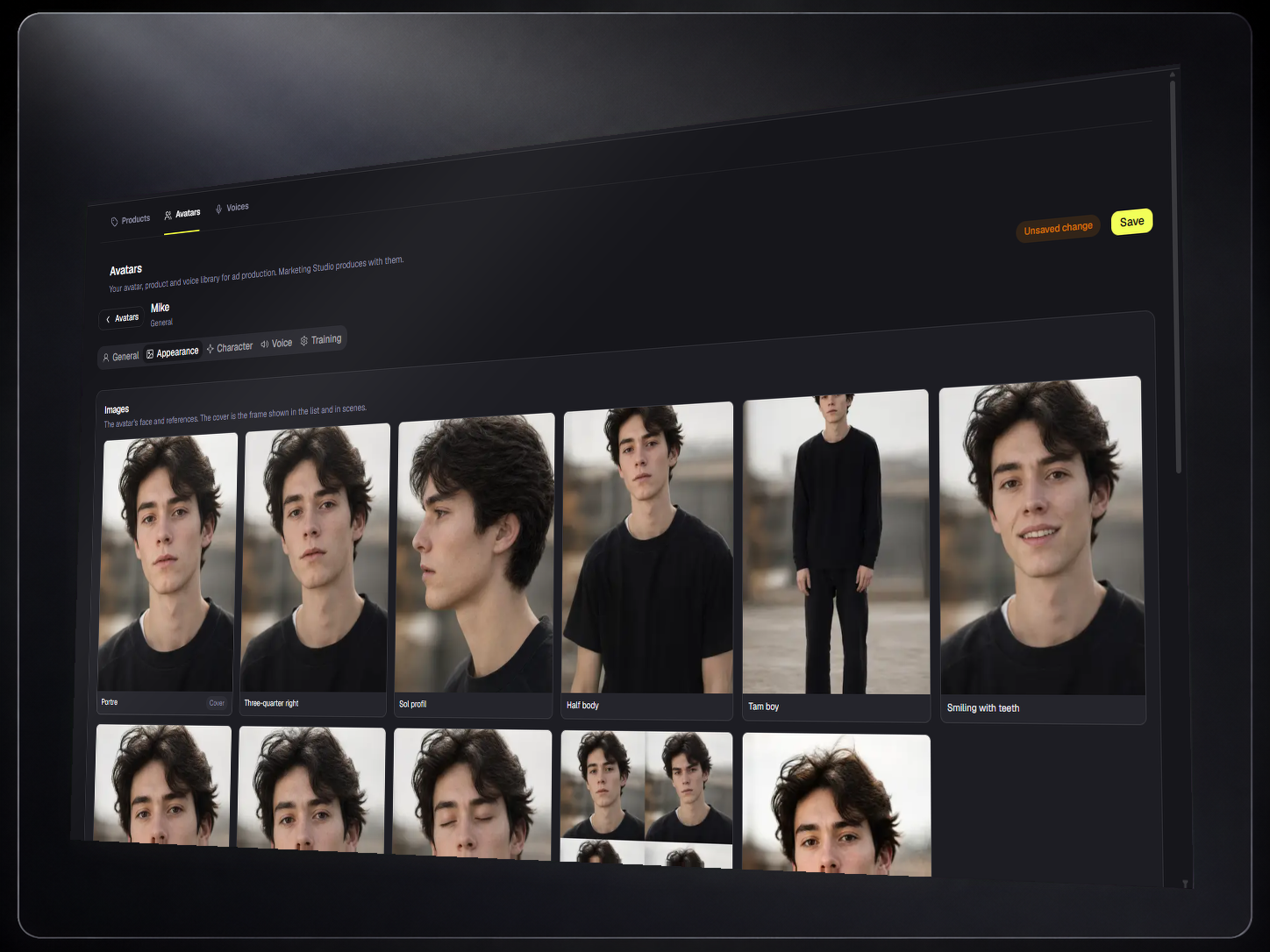 One avatar identity across several portraits and a video frame, same face throughout.