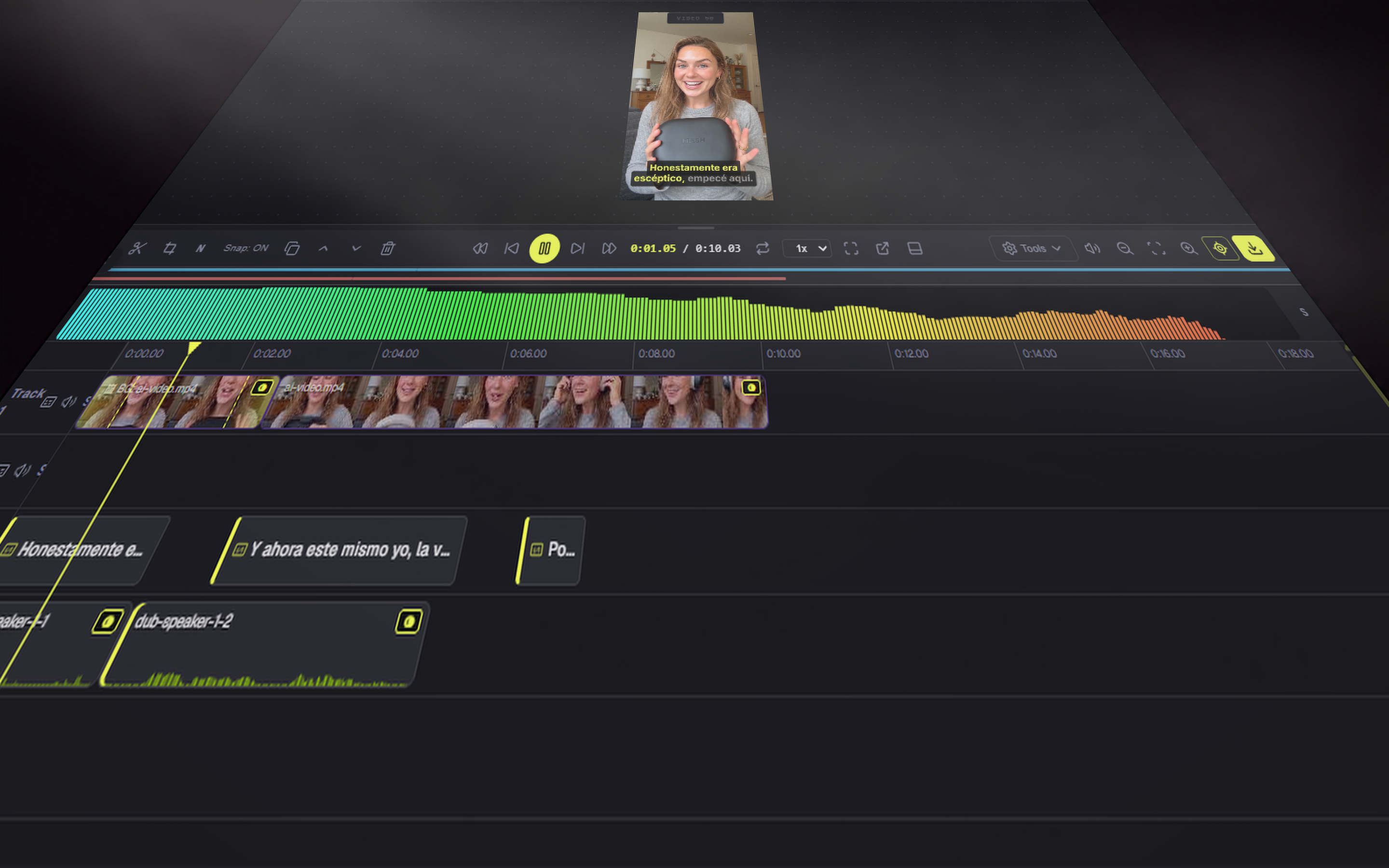 The video editor mid-cut: caption track and silence-cut markers visible.
