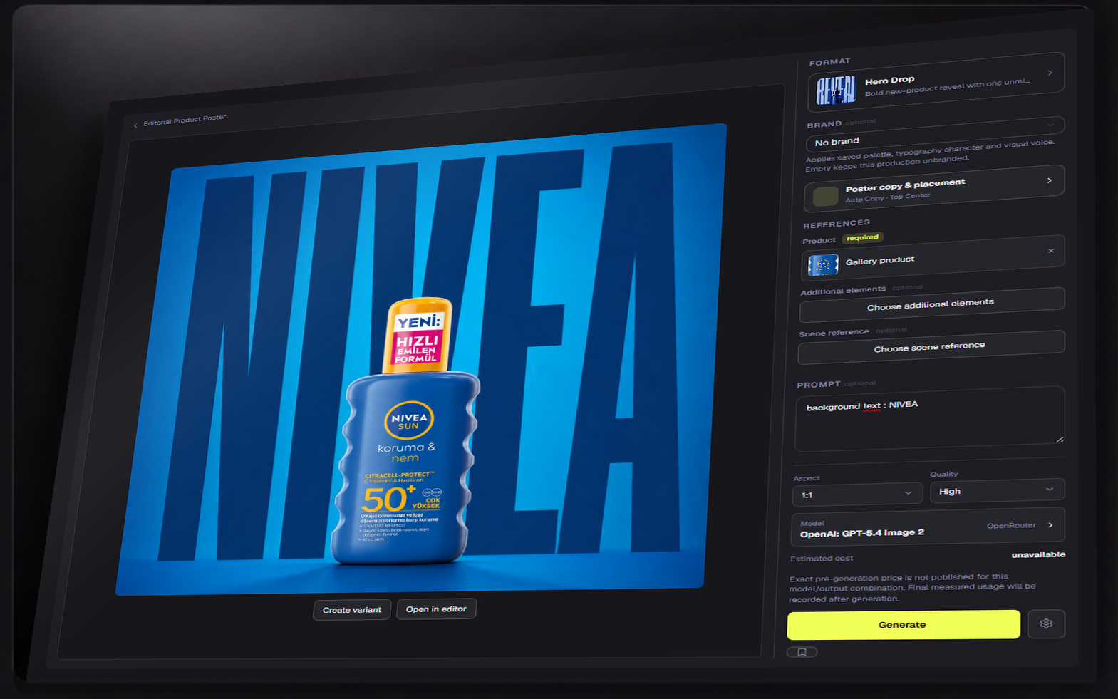 One packshot beside the finished feed, story and banner ads made from it.