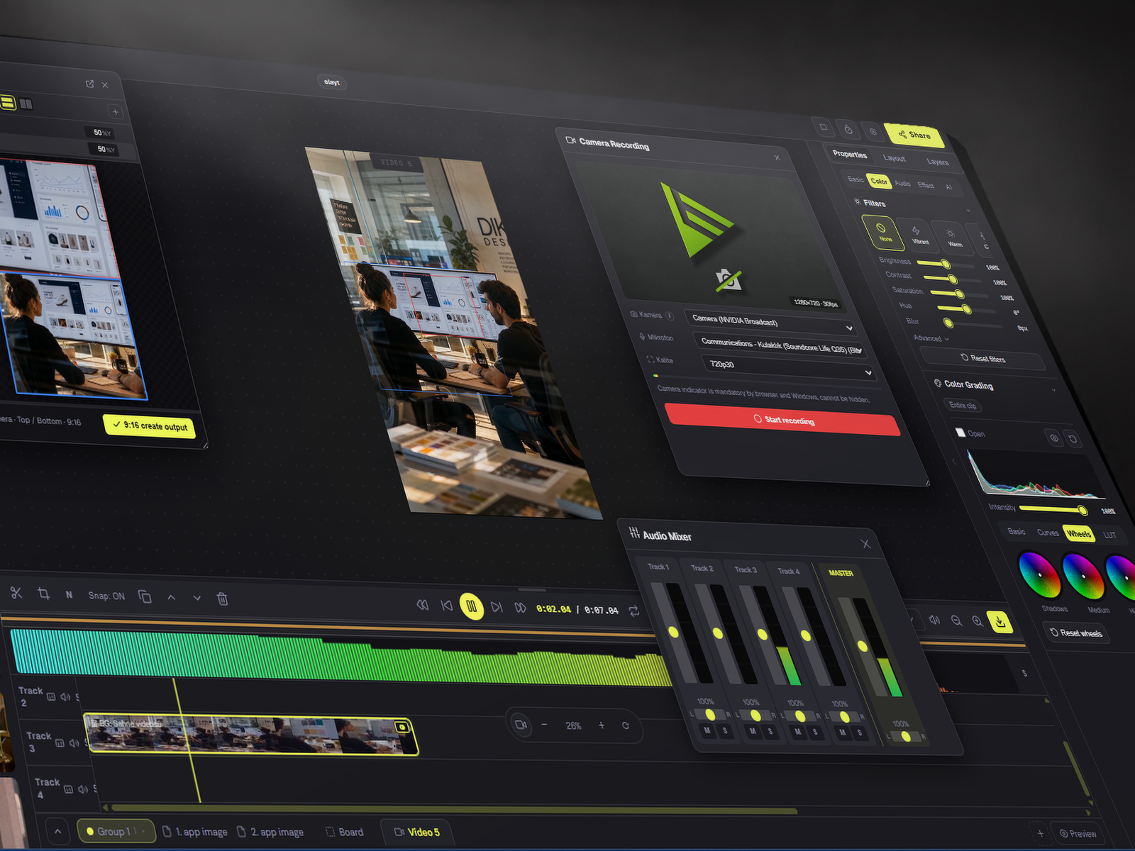 The video editor mid-cut: caption track visible, silence-cut markers on the audio track.